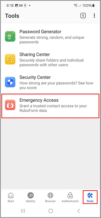 The Emergency Access page in the Tools menu Android.